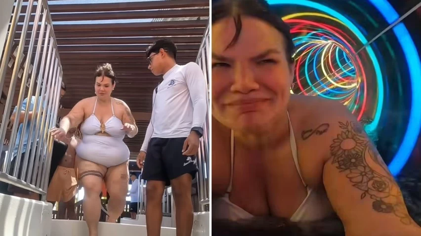 Thais Carla desce toboágua pela primeira vez depois de perder 72 kg